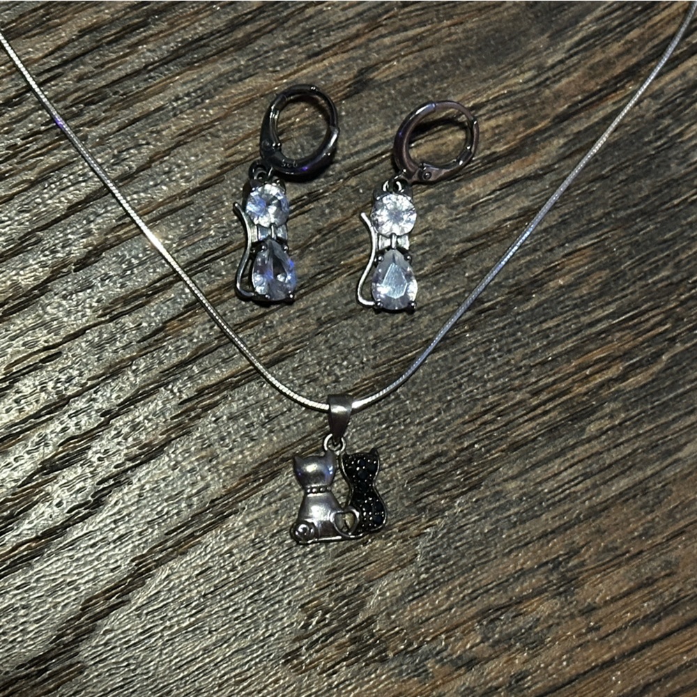 Sterling Silver Cat Jewelry Bundle | Earrings and Necklace